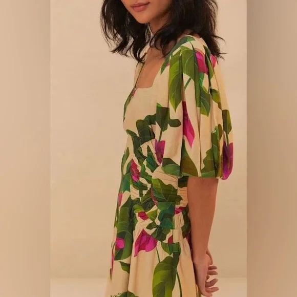 FARM Rio Anthurium Leaves Linen Blend Short-Sleeve Square-Neck Dress sz M NWT - Picture 3 of 4